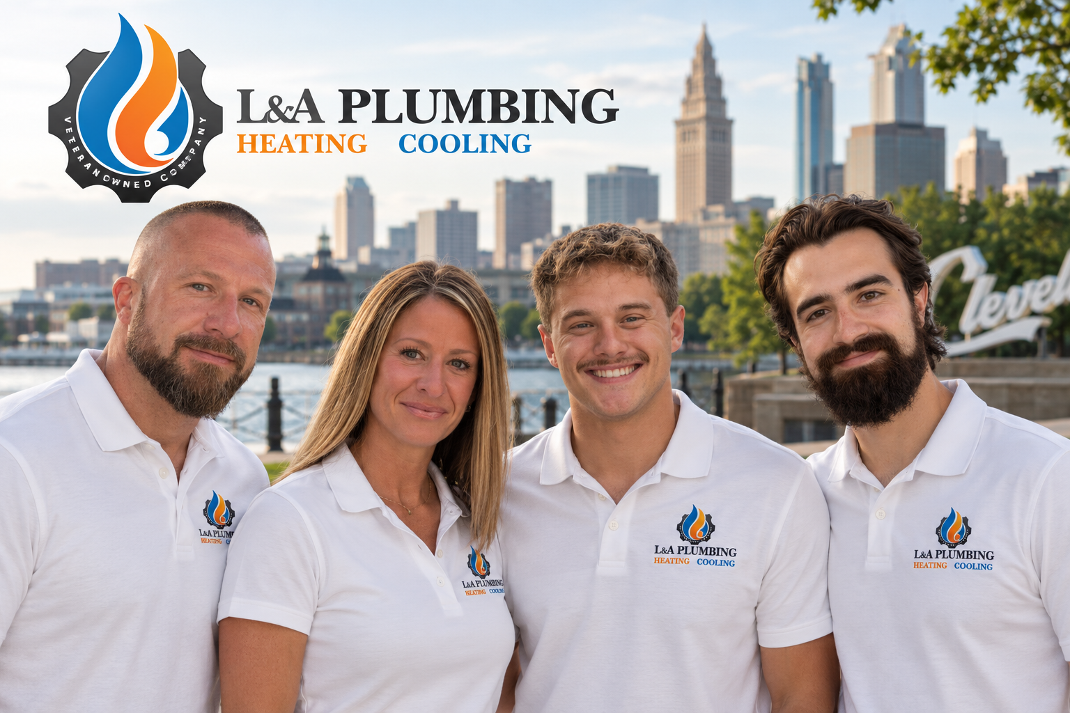 L&A Plumbing Heating and Cooling group portrait with the Cleveland skyline